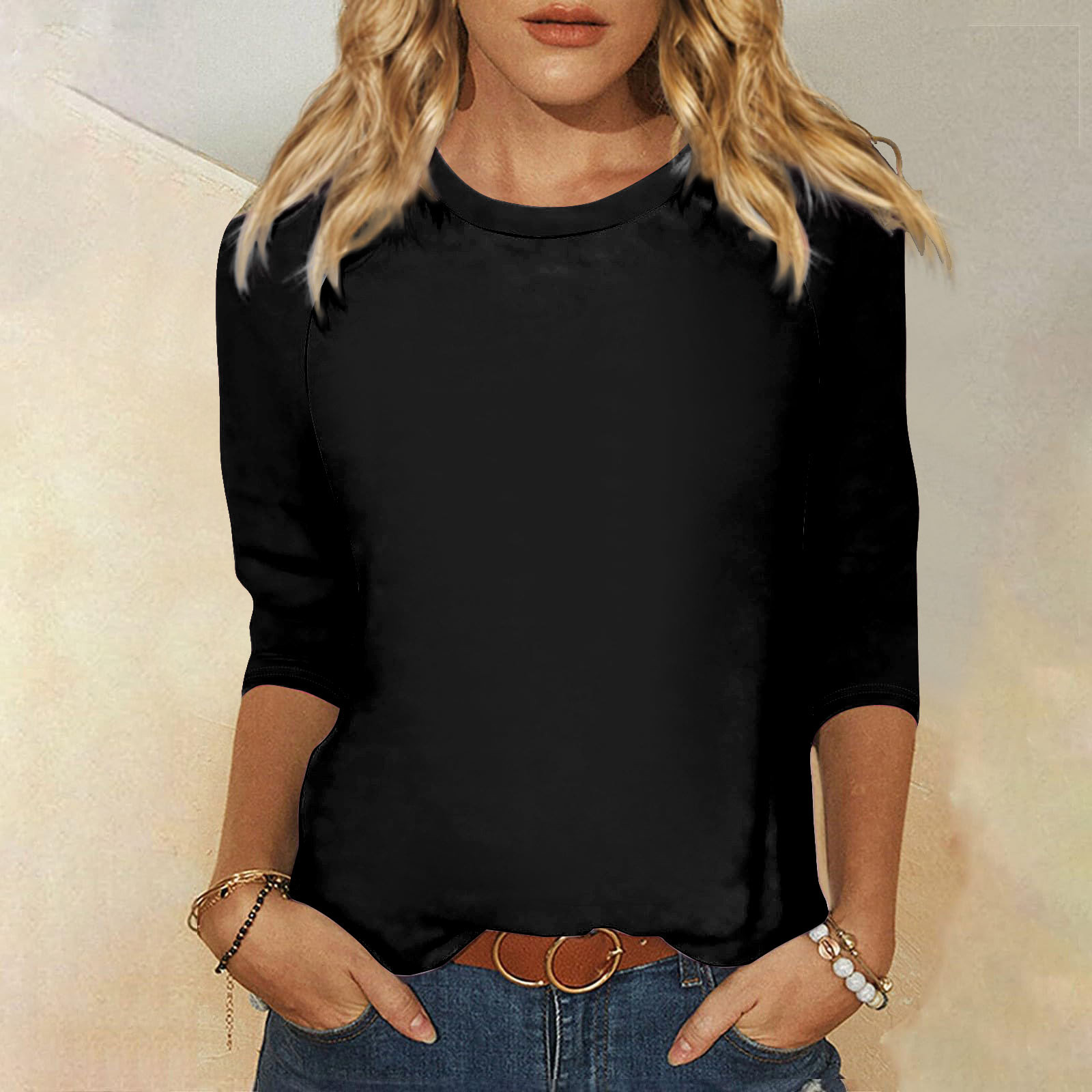 thumbnail image 2 of Camisa raglán informal de manga 3/4 para mujer, cuello redondo, poliéster, color liso, estilo informal y moderno, tallas S-XXL, 2 of 5